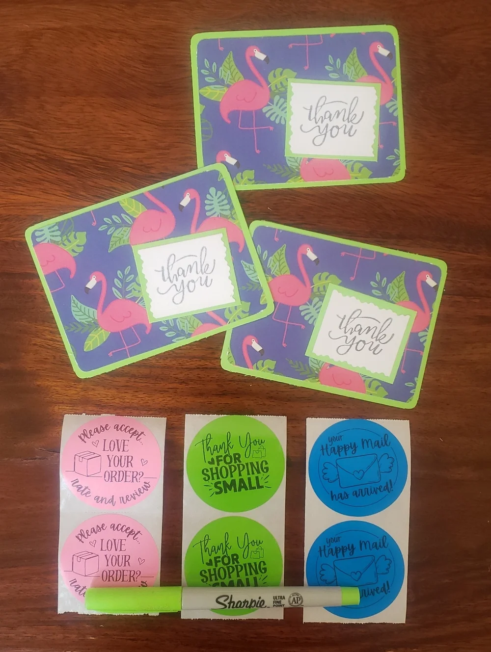 Coordinated Packaging Bundle Thank You Cards Stickers Polymail Tropical Flamingo